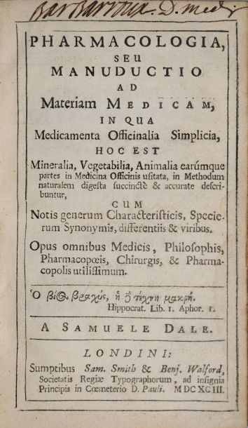 null DALE (Samuel). Pharmacologia, seu Manuductio ad materiam medicam, in qua medicamenta...