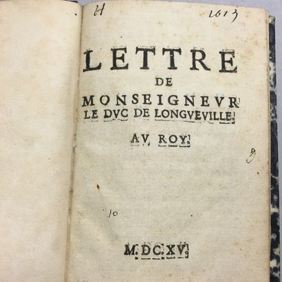 null LONGUEVILLE (Henri II d'Orléans, duc de). Lettre au roy. S.l., s.n., 1615, in-8,...