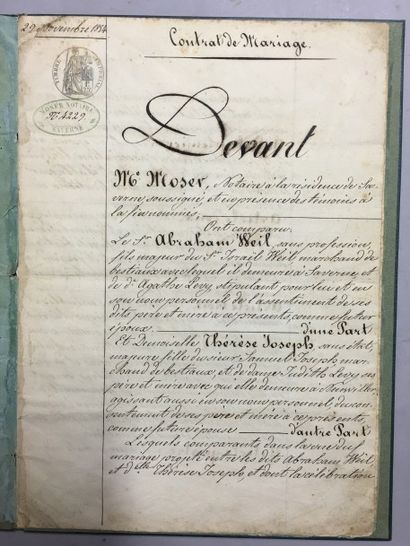 null [Judaïca]. [Manuscrit]. Contrat de mariage entre Abraham Weil et Thérèse Joseph,...