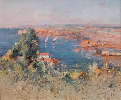EUGÈNE DESHAYES (1862-1939) . Bord de mer méditerranéen. Huile sur toile signée en...