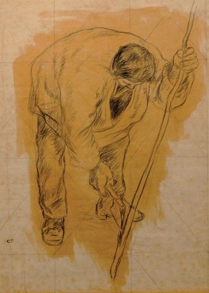 CAMILLE PISSARRO (1830-1903) . Le Bûcheron. Fusain, signé en bas à gauche du monogramme...