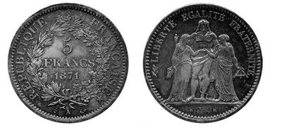 null 5 francs Camélinat. Paris. 1871. Trident. (G. 744). Arg. Presque Superbe.