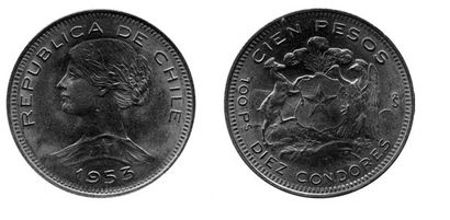 CHILI. 100 pesos-10 condores. 1953. (Fr.54)....
