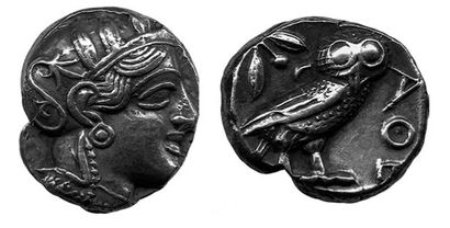  Tétradrachme (c. 450 -c. 400) Tête d'Athéna casquée à l'oeil de f. R./ Chouette....