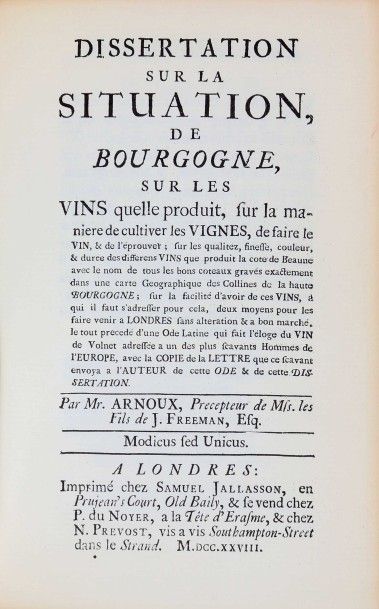 null ** ARNOUX. Dissertation sur la situation de Bourgogne sur les vins qu'elle produit,...