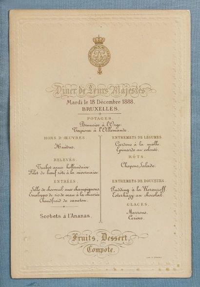 null [Leopold II, roi des Belges]. ENSEMBLE DE 2 MENUS.

2 menus de dîners encadrés...