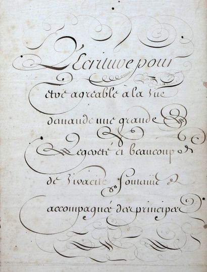  CALLIGRAPHIE. 
Magnifique modèle de calligraphie sur papier vélin. Feuillet in-folio...