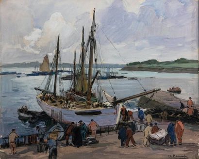 null BARNOIN (Henri) (1882-1935). Le retour des pêcheurs. Aquarelle gouachée, signée...