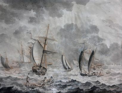 null KOEKKOEK (Hermanus) (1815-1882). Navires et voiliers en mer. Dessin, lavis et...