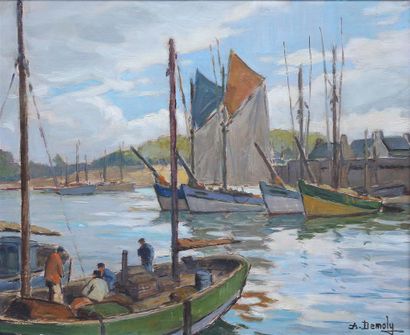 André DEMOLY (1889-1961).
Bateaux au port.
Huile...