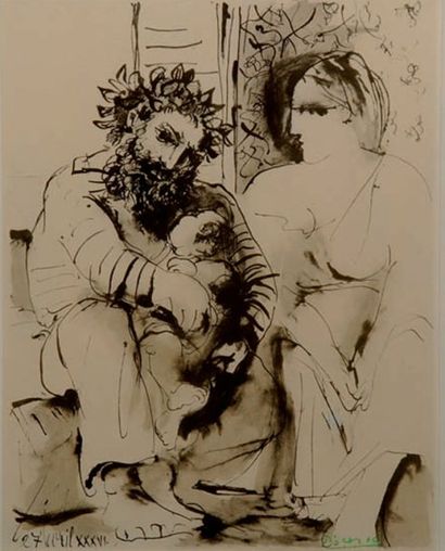 null SCÈNE DE FAMILLE, 1936. Lithographie encadrée. 53 x 41 cm. Voir la reproduc...