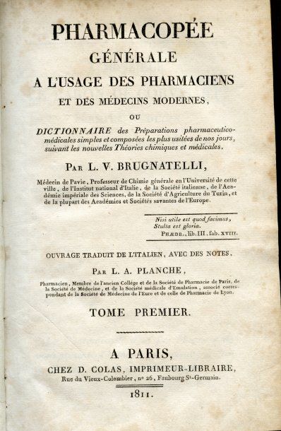 BRUGNATELLI, L. V Pharmacopée générale à l'usage des pharmaciens et des médecins...