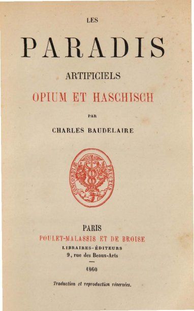 BAUDELAIRE (CHARLES). Les Paradis artificiels - opium et haschisch. 1 vol. in-8 relié...