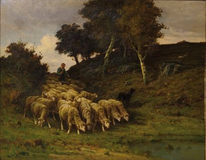 J. MATIGNON(XIX-XX). « Berger et son troupeau ». Huile sur toile. 74 x 92 cm. Voir...
