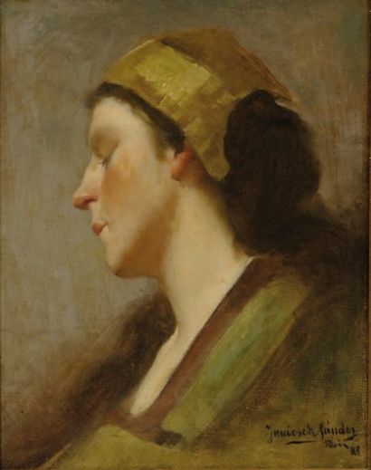 Janiczek SANDOZ (XIX-XX). « Jeune fille au bonnet ». Huile sur toile, signée en bas...