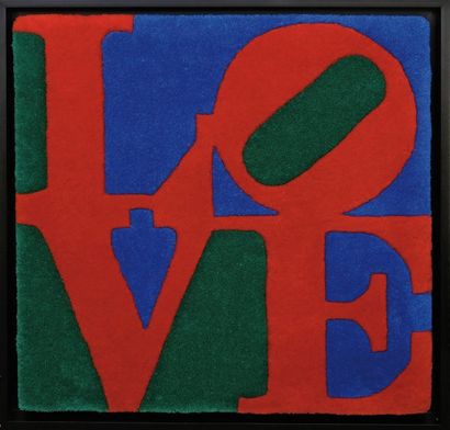 Robert INDIANA (né en 1928). « Love ». Tapis. 76 x 76 cm. Cadre noir. Voir la re...