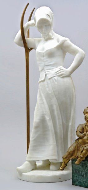 Alfred BOUCHER (1850 - 1934). « La jeune paysanne ». Sculpture en marbre blanc de...