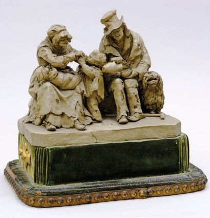 Pierre-Adrien GRAILLON(Dieppe 1809-1872). Couple de vieillards et leur chien nourrissant...