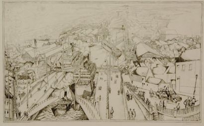 Jean Émile LABOUREUR (Nantes 1877 - Penestin 1943). Vue panoramique du port de Saint-Nazaire....