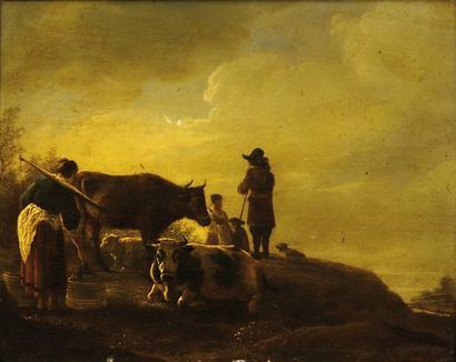 Attribué à Hendrick MOMMERS(vers 1623 - 1693). « Bergers gardant le troupeau ». Panneau...