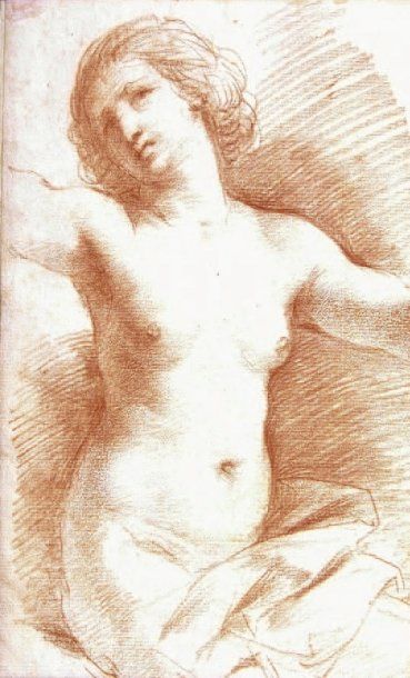 École FRANCAISE du XVIIIe siècle, d'après LE GUERCHIN. « Femme nue assise ». Sanguine....