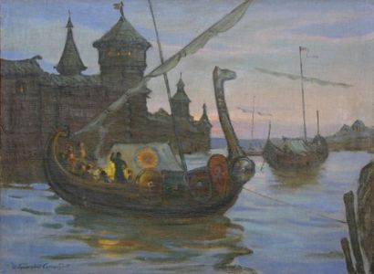Ivan Silych GORIUSHKIN-SOROKOPUDOV (1873-1954). « Drakkar sur la Volga ». Huile sur...