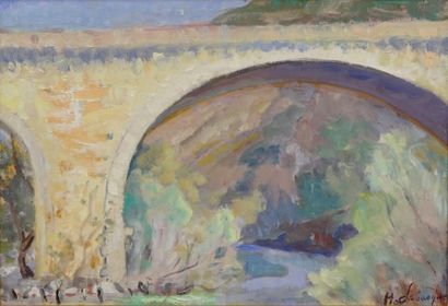 HenriLEBASQUE (1865 - 1937). «Etude pour un petit pont». Huile sur papier marouflée...