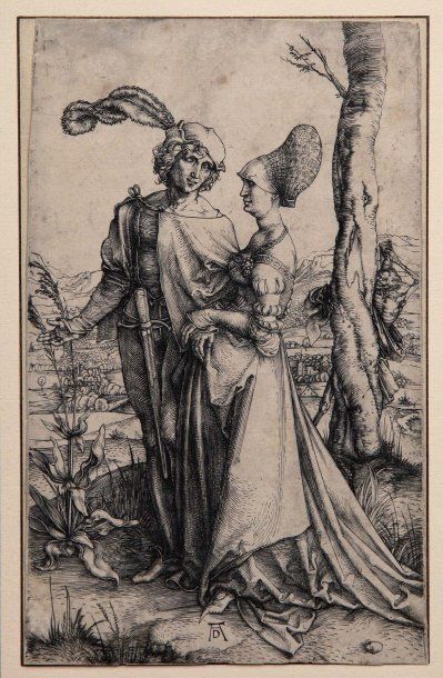 Albrecht Dürer. Promenade ou Le Jeune couple surveillé par la mort, 1498, burin,...