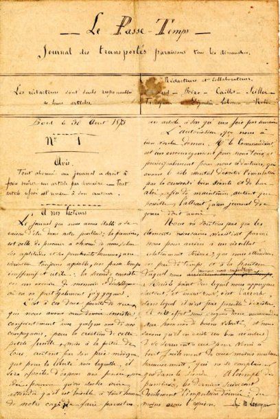 COMMUNEDEPARIS. Rare manuscrit « Le Passe Temps. Journal des transportés paraissant...