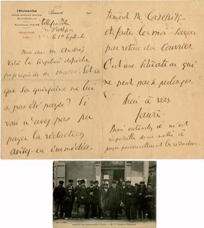 JAURÈS Jean[Castres, 1859 - Paris, 1914], homme politique français. Lettre autographe...