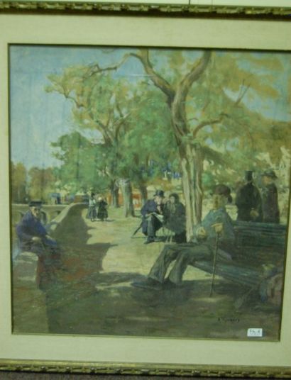 GUMERY Adolphe (1861-1943). « Personnages dans un jardin public ». Peinture sur carton,...