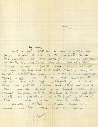 SARTRE JEAN-PAUL Lettre autographe signée. Lundi ; 3/4 page in-4°. « Mon amour, juste...