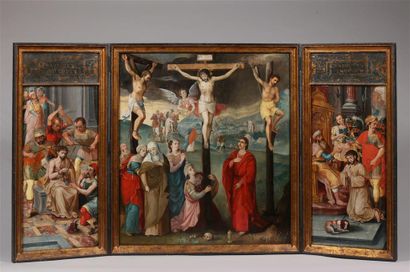 null École CASTILLANE vers 1550.
La Crucifixion entre le Christ moqué (au revers...