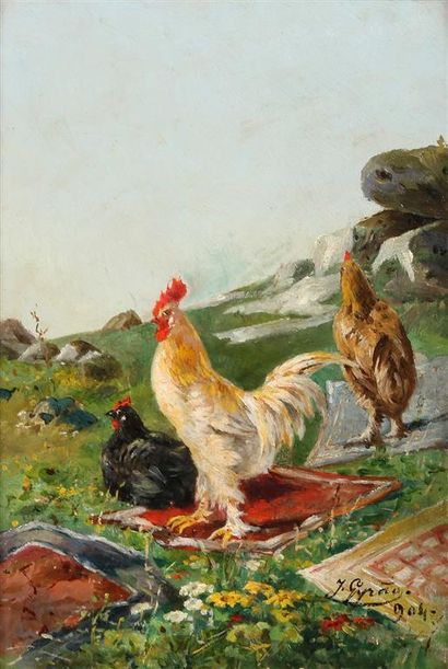 null José GYRAO (1840-1916).
Coq et poule dans un paysage.
Huile sur carton signé...