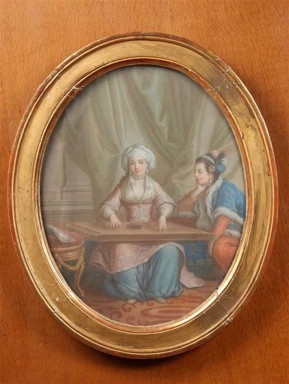 null École FRANÇAISE du XVIIIe siècle.
Une paire: portraits de musiciennes.
Pastel.
D....