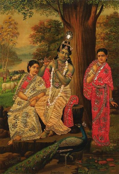 null KRISHNA SEDUISANT LES GOPIS.
D'après VENKATESH RAO G.V.
Chromolithographie,...