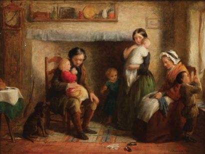 null Edward HUGHES (1832-1908).
Scène familiale dans un intérieur.
Huile sur panneau,...