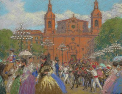 null Manuel LOSADA (1865-1949).
Séville, jour de fête ou Elégantes se rendant aux...