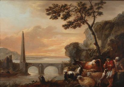  ÉCOLE HOLLANDAISE vers 1800. Bergers et leur troupeau dans un paysage au pont. Huile...