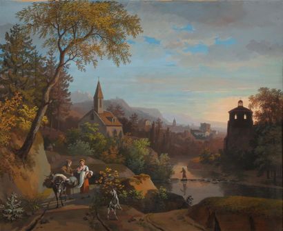 null Louis GADBOIS (Paris, 1770-1826).
Paysage au torrent avec une cavalière discutant...