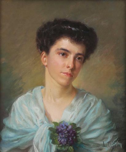 null Louis Adolphe TESSIER (1858-1915).
Portrait de jeune femme au bouquet de violettes.
Pastel...