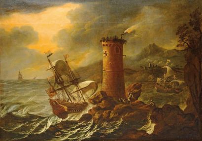 ATTRIBUÉ À FRANCESCO MARIO BORZONE. (1625-1679) Navires sur une mer agitée aux abords...
