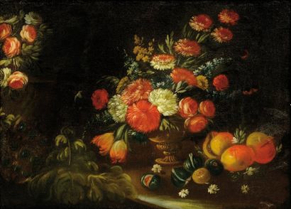 ÉCOLE ITALIENNE DU XVIIIe SIÈCLE Nature morte au bouquet de fleurs, grenades, figues...