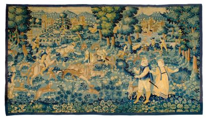 FLANDRES « Chasse aux cerfs ». Tapisserie en laine à décor polychrome. XVIIe siècle....