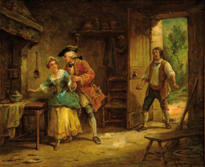 NICOLAS.HENRY DE GRAY. (1822-?) Les amants surpris. Toile. 45 x 70 cm.