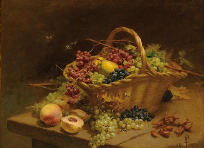 ÉCOLE FRANÇAISE DU XIXe SIÈCLE Nature morte au panier de raisin, pêches, poires et...