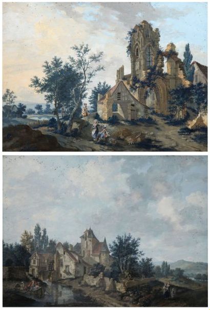 LOUIS LESUEUR (PARIS 1746 - ?) Ruines gothiques animées de personnages. Vue du moulin...