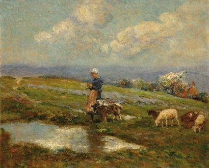 FERNAND MAILLAUD (1862-1948) Bergère et ses moutons près d'une mare. Huile sur toile...