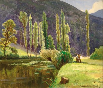CONSTANTIN FONT (1890-1954) Couple près d'une rivière. Huile sur toile signée en...
