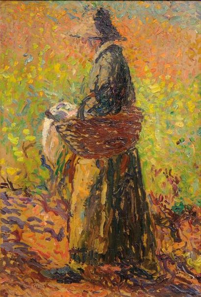HENRI MARTIN (1860-1943) Paysanne au chapeau et au panier. Huile sur carton marouflé...